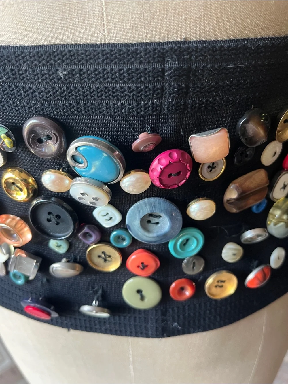 Vintage Black Elastic Waist Belt with Multicolor Button Accents